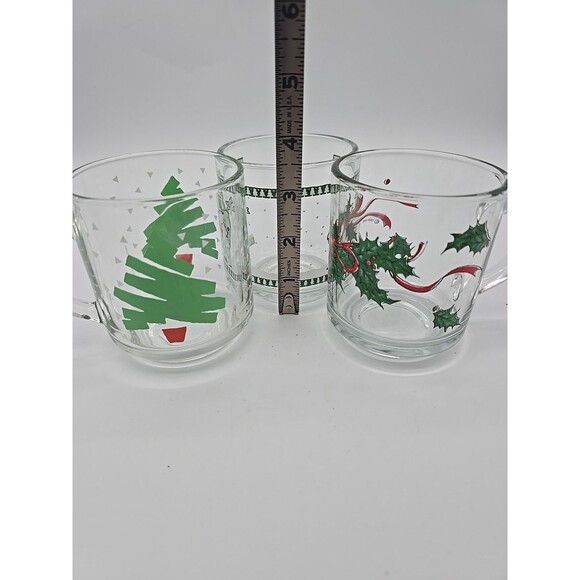 Lot of 3 Vintage Christmas Coffee Mugs Anchor Hocking & Luminarc Clear Glass - Picture 7 of 11